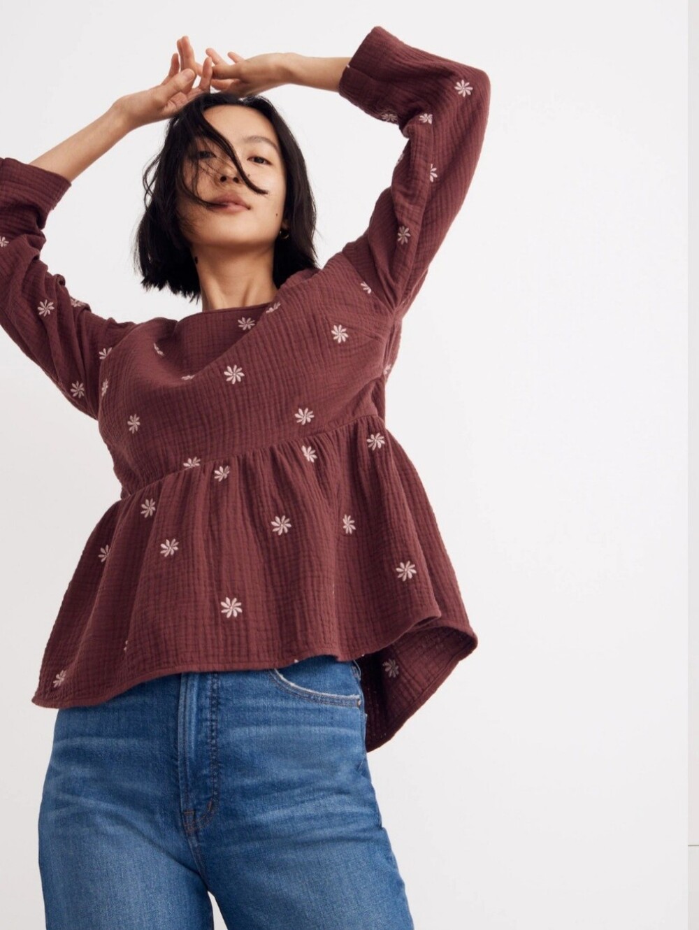 Madewell Embroidered Lightspun Peplum Open-Back Top Tie Back Mulberry Size XS